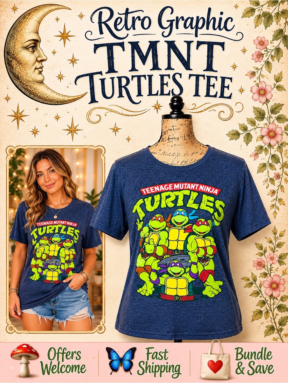 Teenage Mutant Ninja Turtles Graphic T-Shirt Retro Cartoon Tee Blue Small